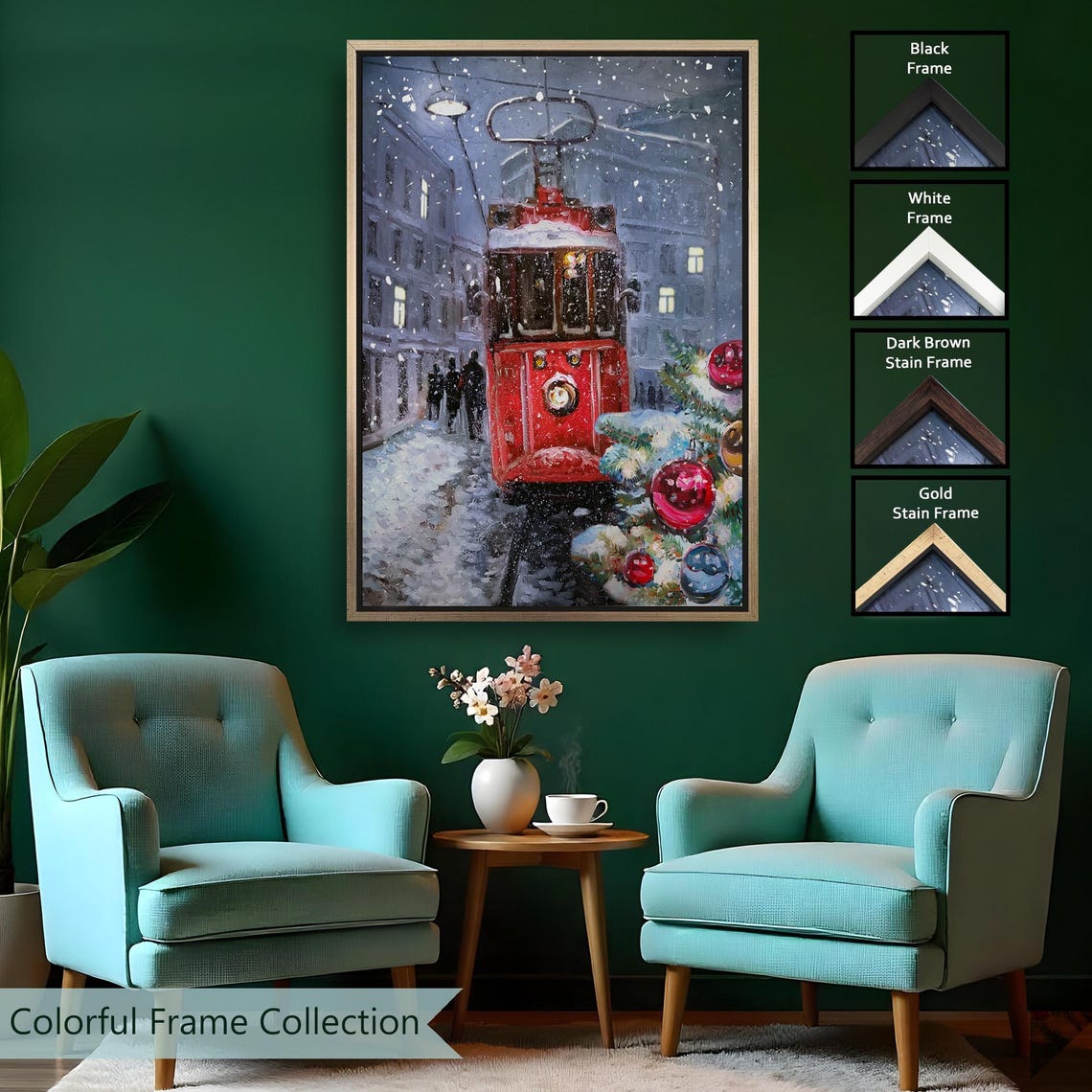 Red Vintage Tram In Snowy Street Christmas Ornaments Winter Wall Art - Image 2