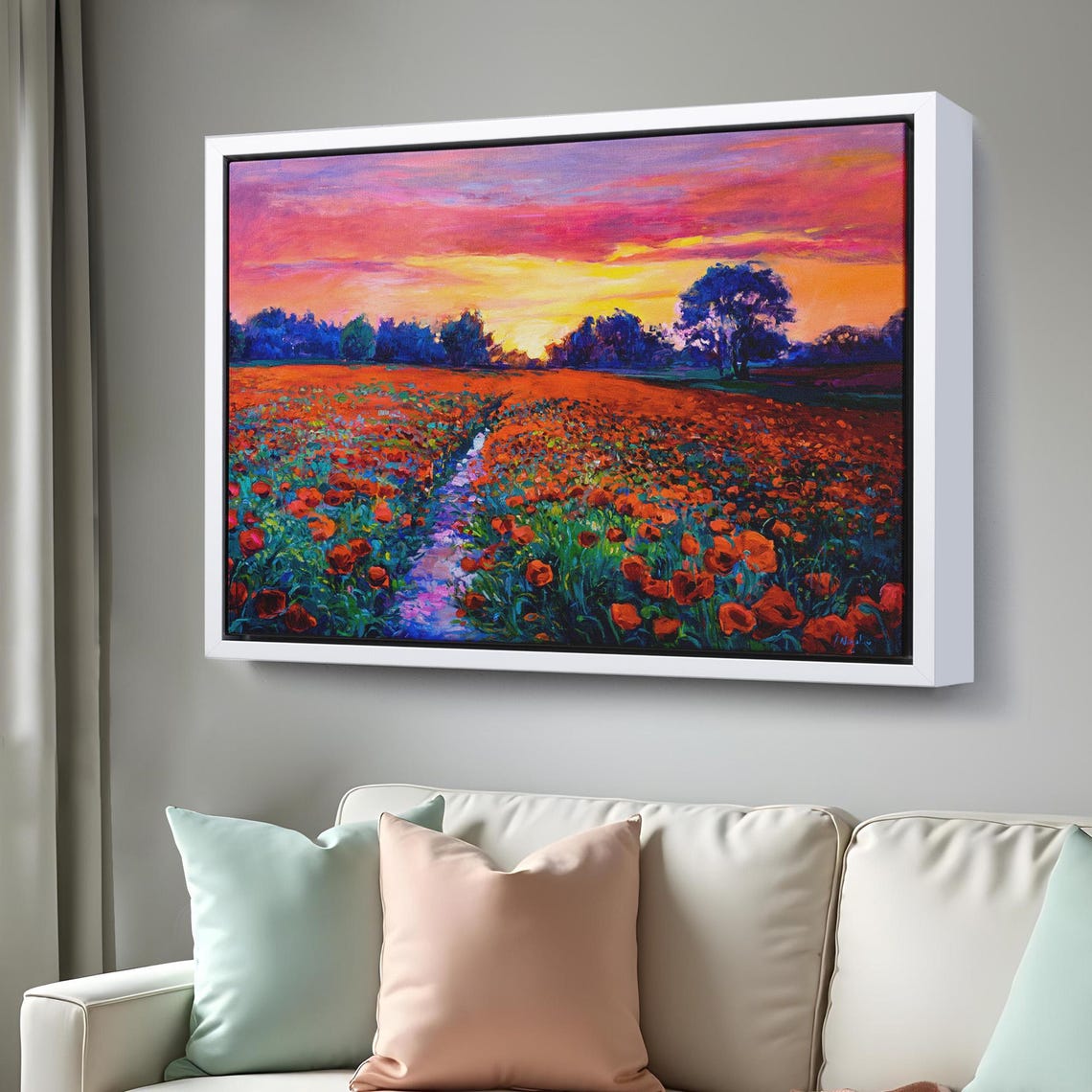 Red Poppy Field Sunset Path Vibrant Oil Painting Floral Wall Art - Image 3