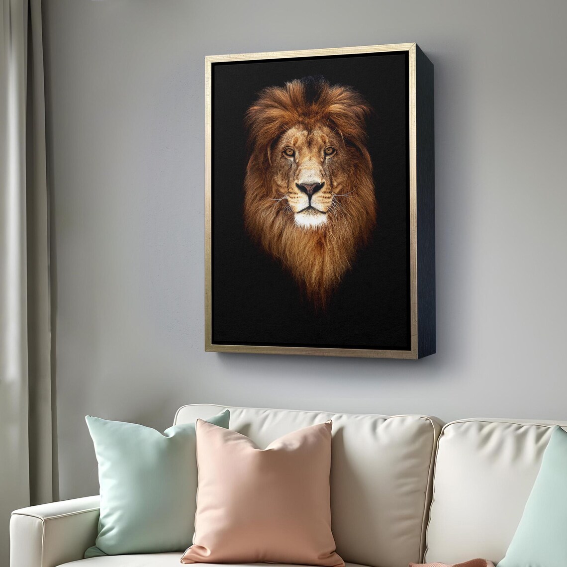 Lion Face Front Portrait Dark Background Amber Eyes Majestic Wildlife Wall Art Poster - Image 4