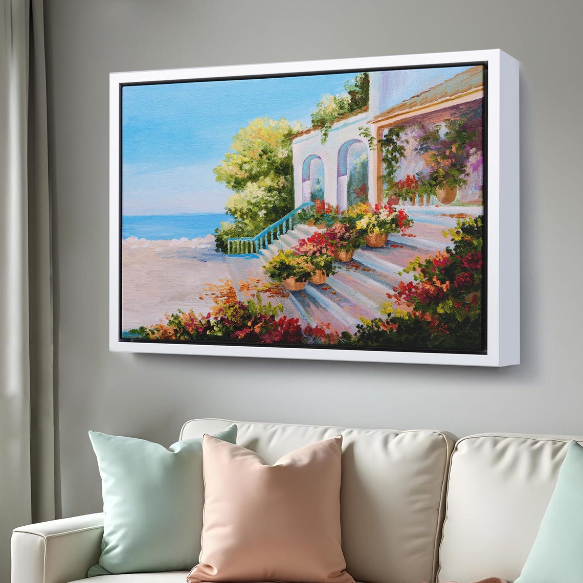 Mediterranean Sea Terrace Villa Flower Staircase Coastal View Poster - Image 3