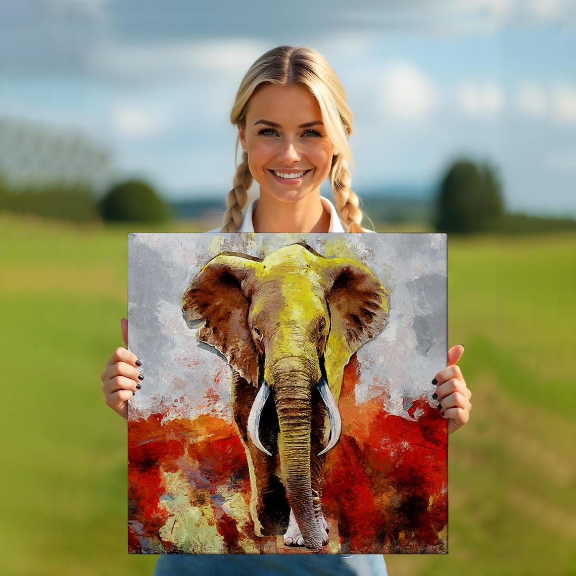 Golden Elephant Front View Red Abstract Background Animal Art Poster - Image 5