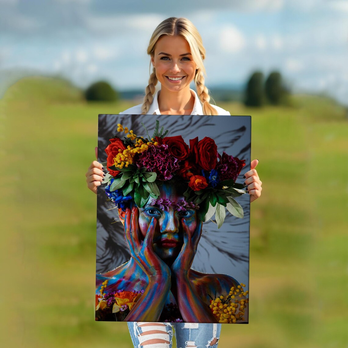 Girl With Flower Crown Colorful Body Paint Portrait Floral Wall Art - Image 5