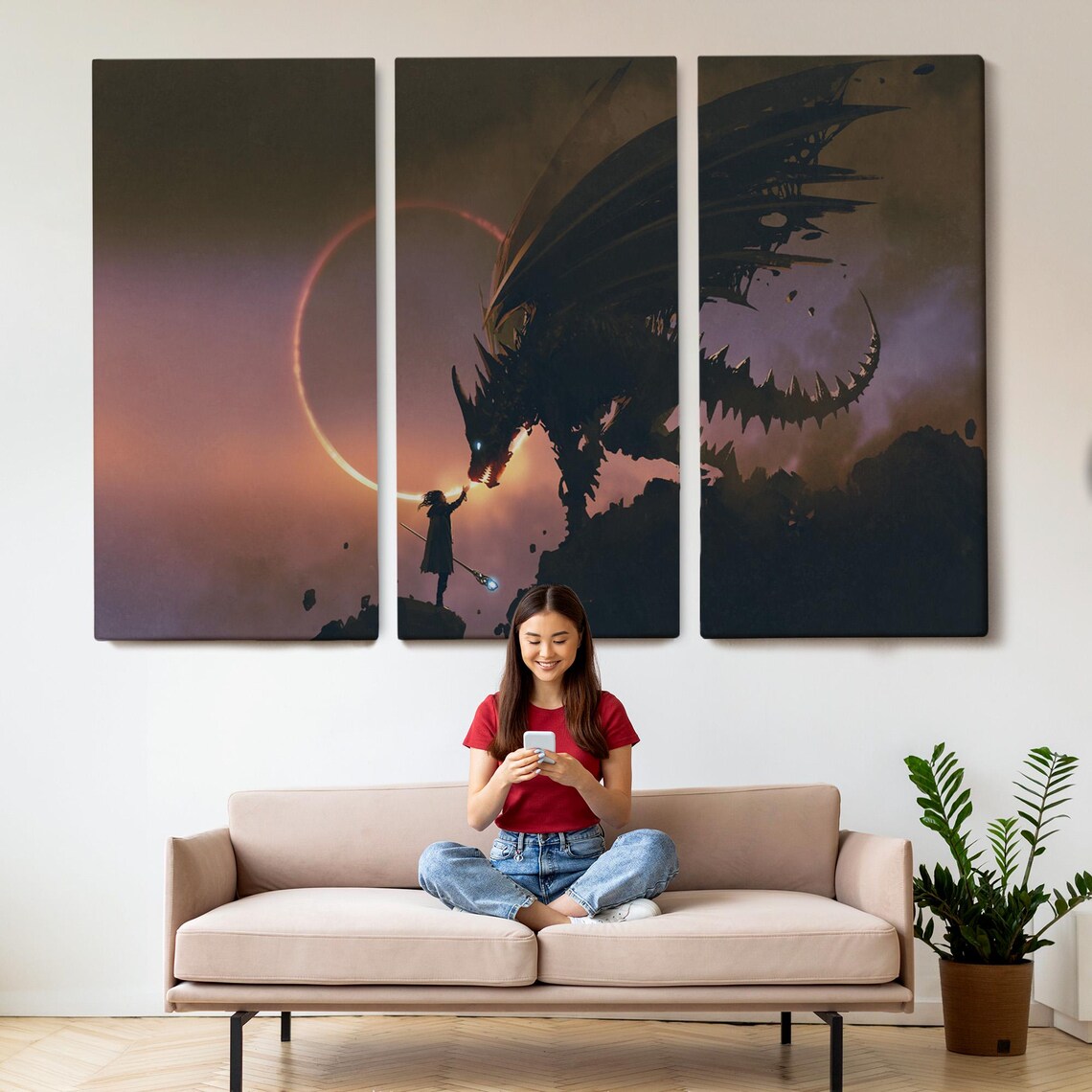 Dark Dragon Warrior Eclipse Sky Epic Fantasy Art Dramatic Wall Art Poster - Image 2