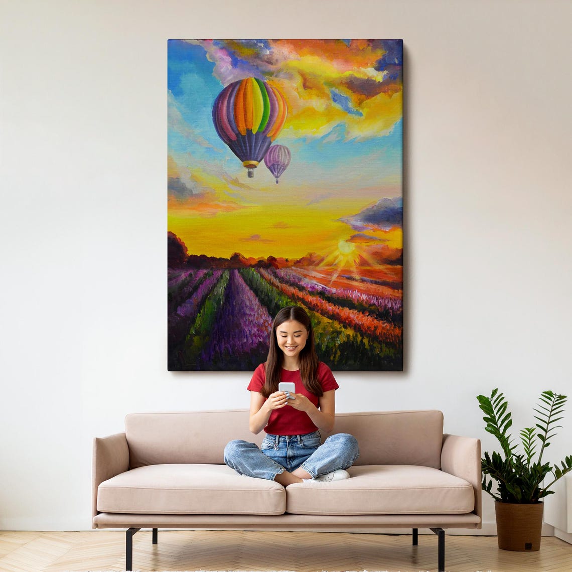 Hot Air Balloon Over Lavender Field Sunset Oil Painting Travel Poster - Image 3