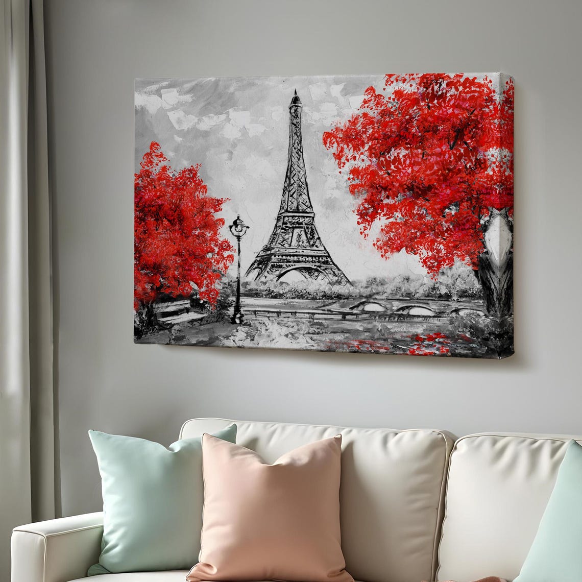 Paris Eiffel Tower Red Autumn Trees Black White Oil Painting Poster