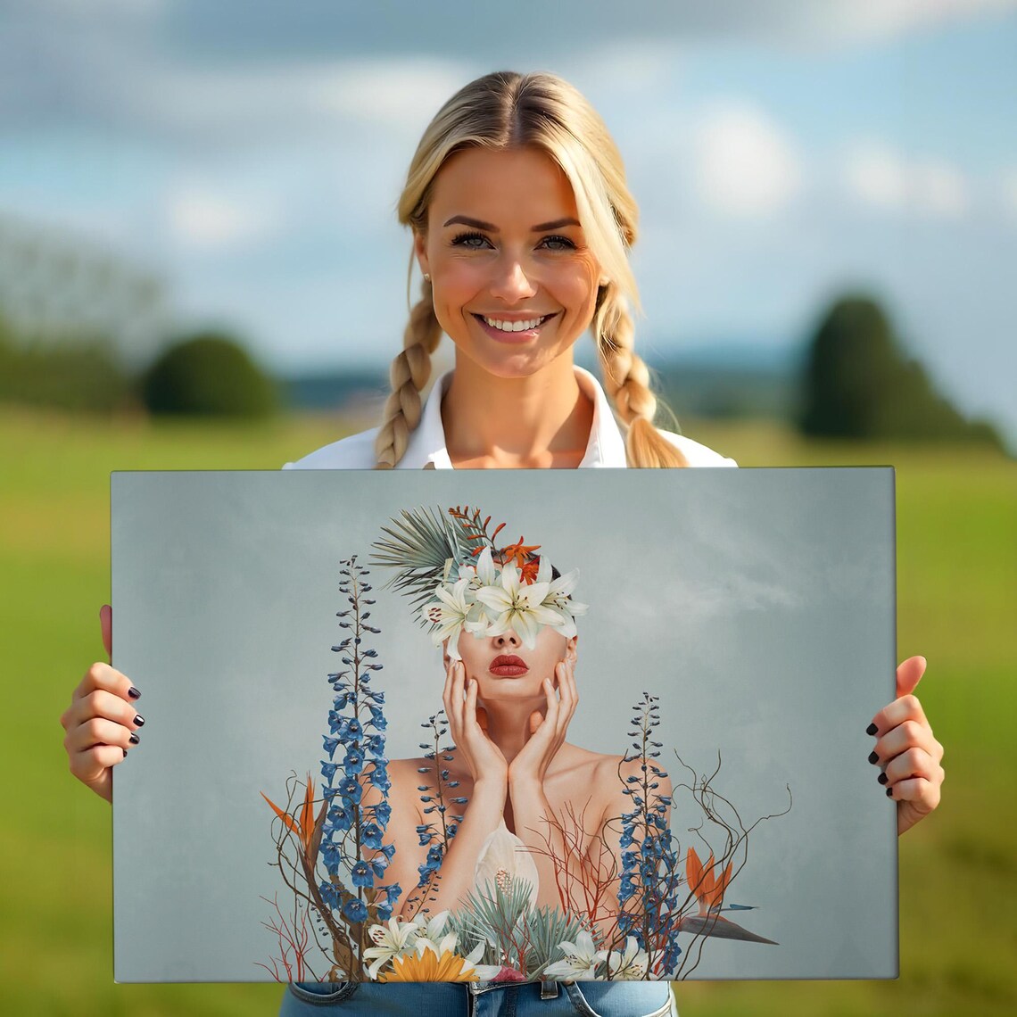 Surreal Botanical Woman Portrait Hands Face Lily Flowers Poster - Image 5