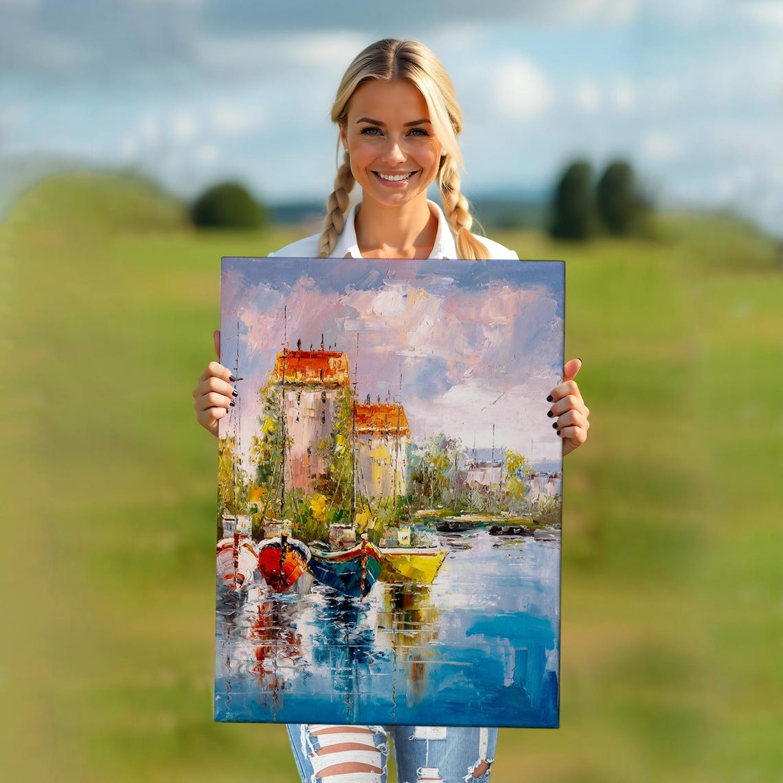 Impressionist Harbor Colorful Boats Old Town Waterfront Art Poster - Image 5