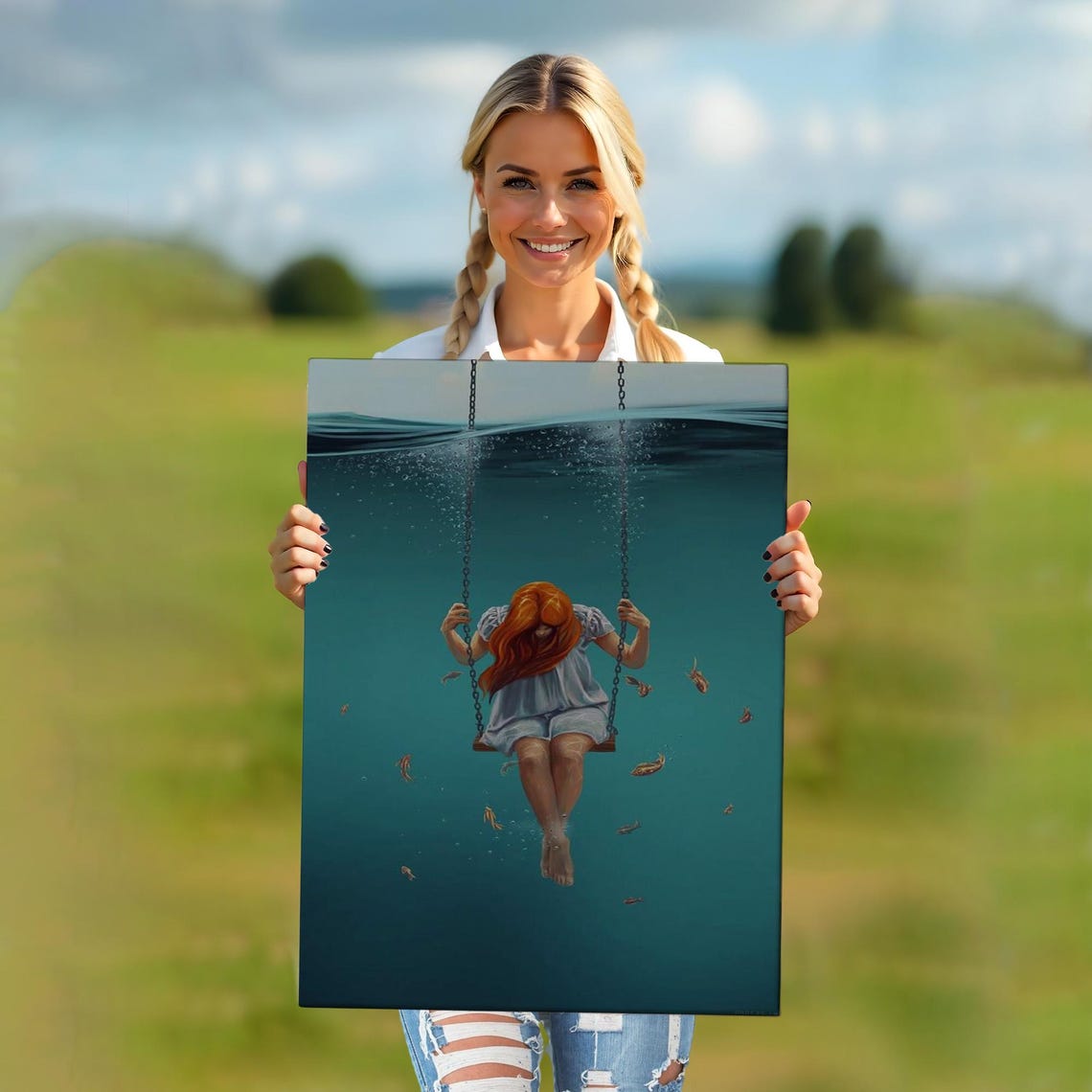 Girl Swinging Underwater Beneath The Waves Surreal Ocean Dream Print - Image 5