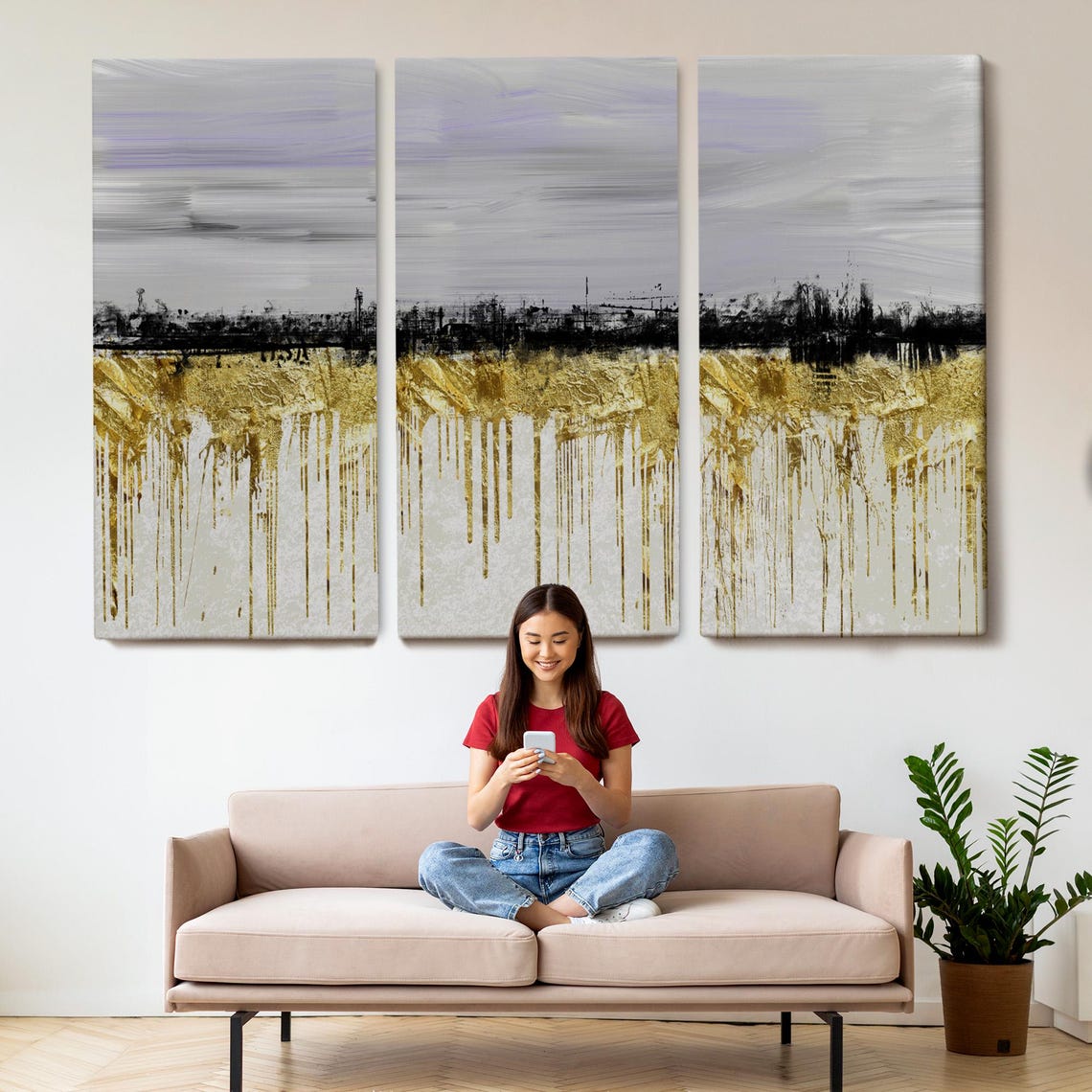 Abstract City Skyline Black Silhouette Gold Drips Modern Art Poster - Image 2