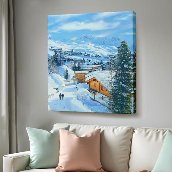 Snowy Mountain Village Print Nature Wall Decor Nature Wall Decor Nature Decor Landscape Wall Table