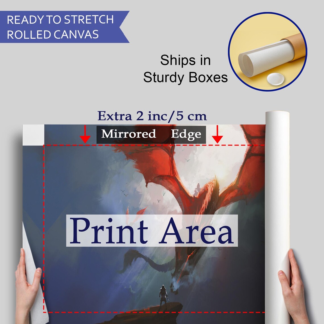 Red Dragon Soaring Above Warrior Cliff Epic Fantasy Sky Canvas Wall Art - Image 4