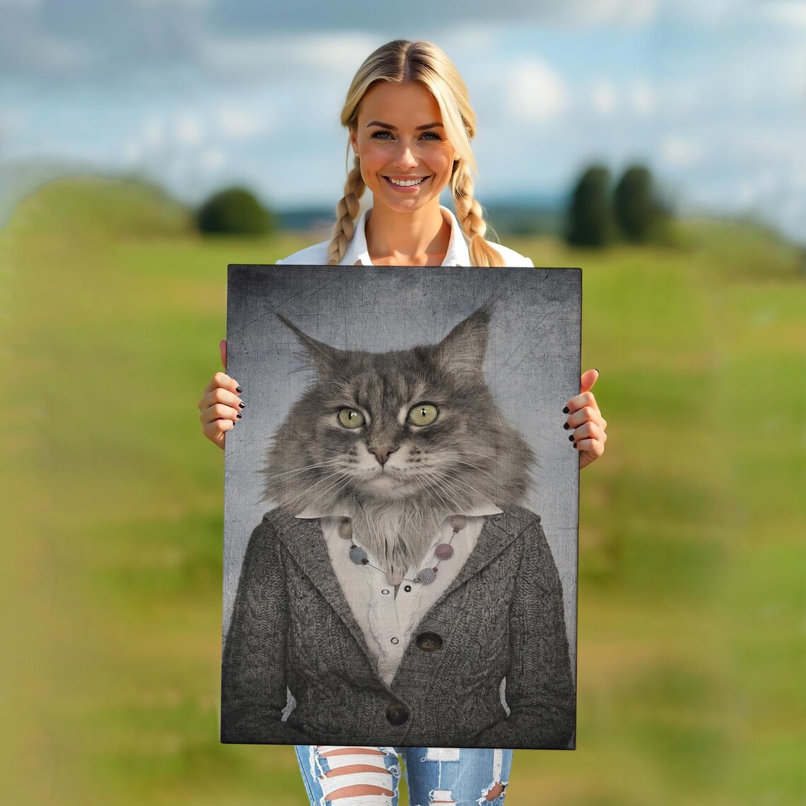 Funny Cat Headed Woman Portrait Painting Whimsical Animal Art Print Poster - Image 5