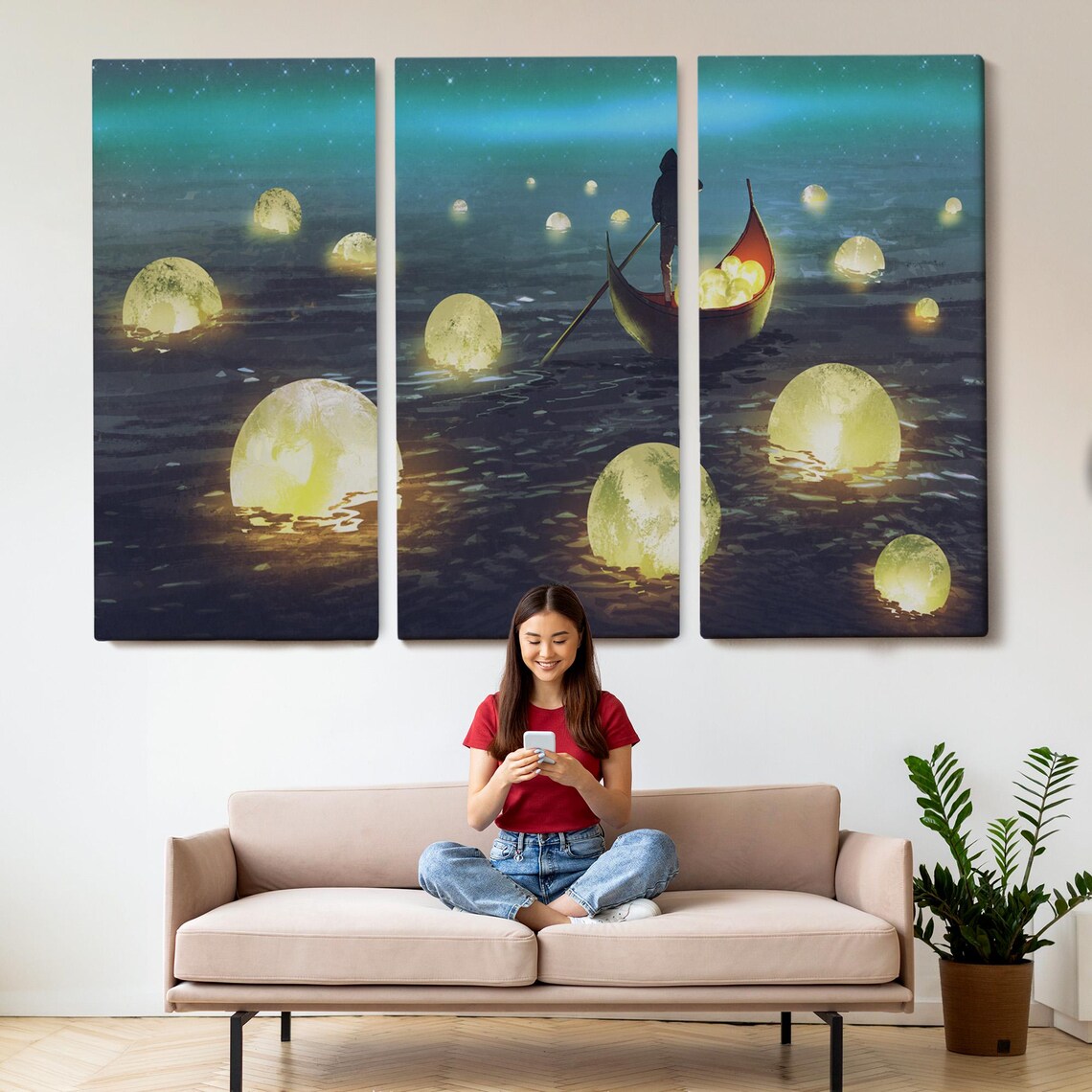 Man Collecting Glowing Moons On Starry Night Sea Fantasy Wall Art Poster - Image 2