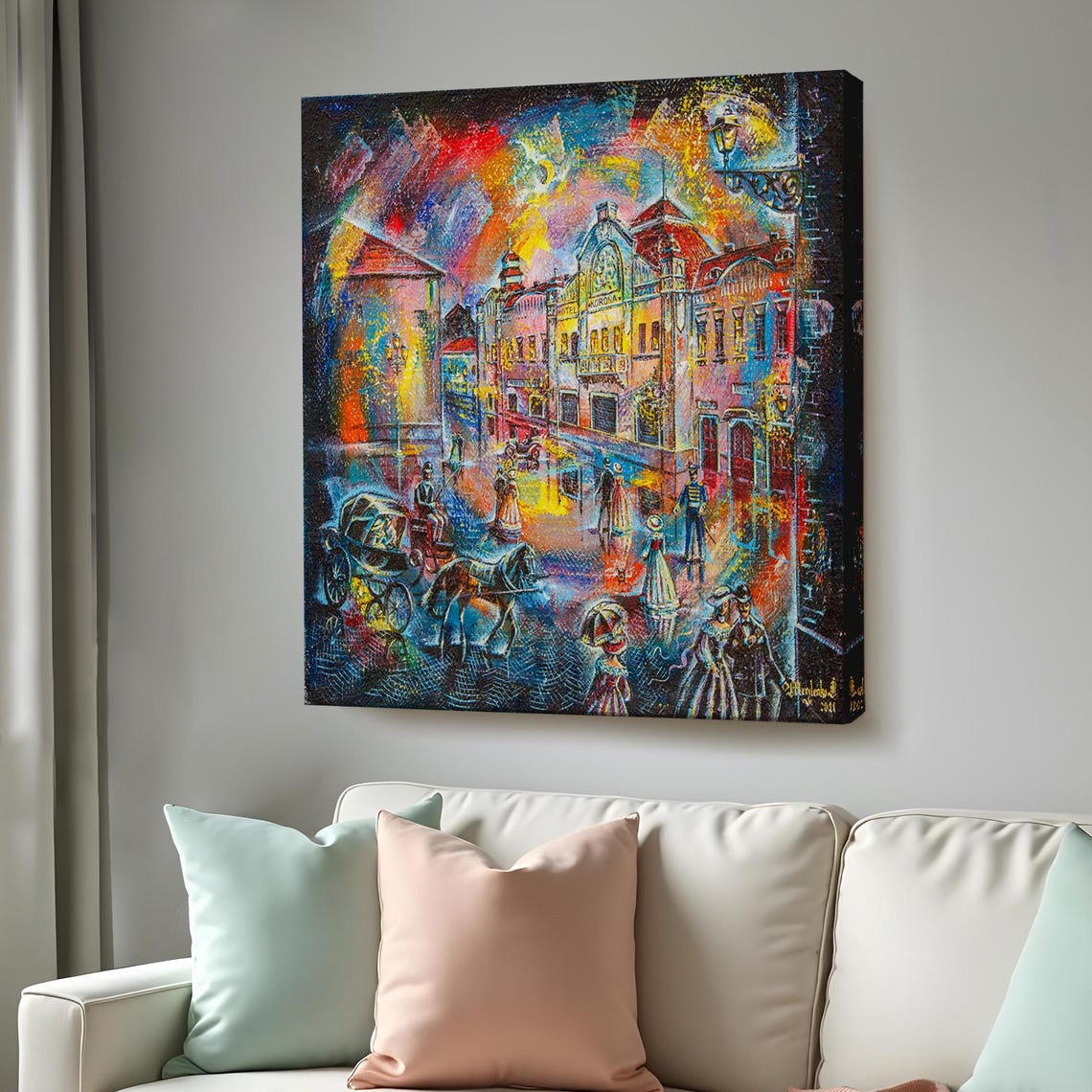 Vibrant Old Town Street Night Carriages Lamplit City Painting Wall Art