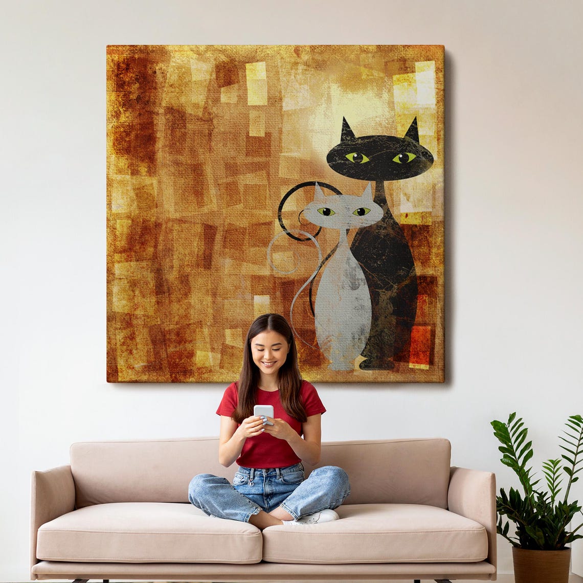 Black And White Cats Modern Abstract Amber Gold Background Wall Art - Image 3