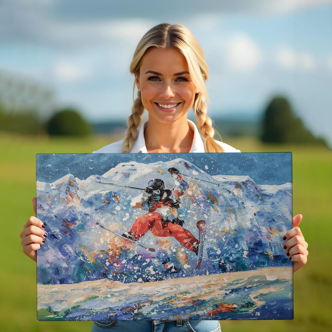 Freestyle Skier Jumping Snow Mountain Action Sport Painting Poster - Image 5