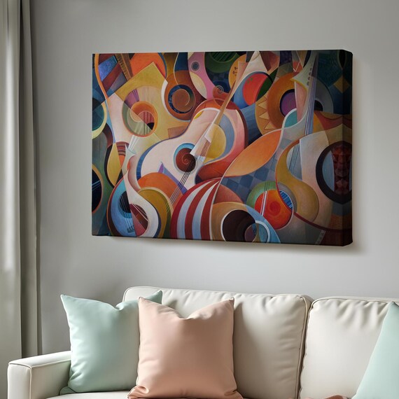 Music Abstract Guitar Cubist Shapes Warm Orange Blue Modern Art Poster