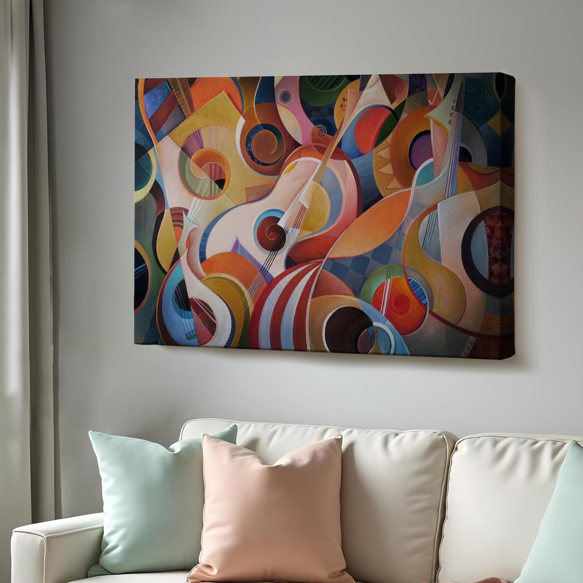Music Abstract Guitar Cubist Shapes Warm Orange Blue Modern Art Poster