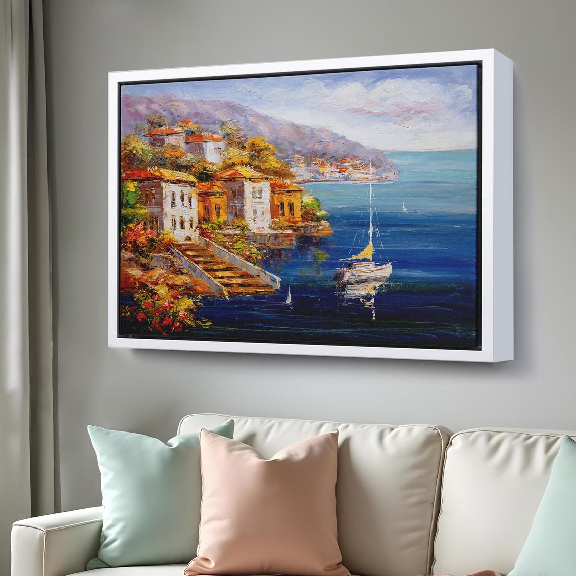 Mediterranean Harbor Hillside Village Sailboat Blue Sea View Poster - Image 3