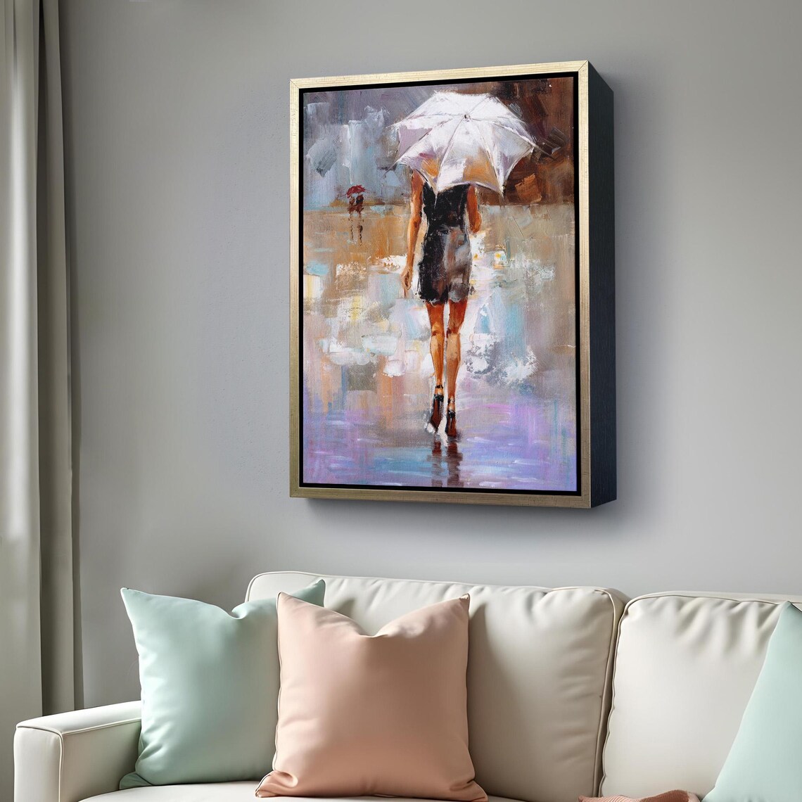 Woman With White Umbrella Walking In Rain Romantic City Oil Painting Wall Poster - Image 4