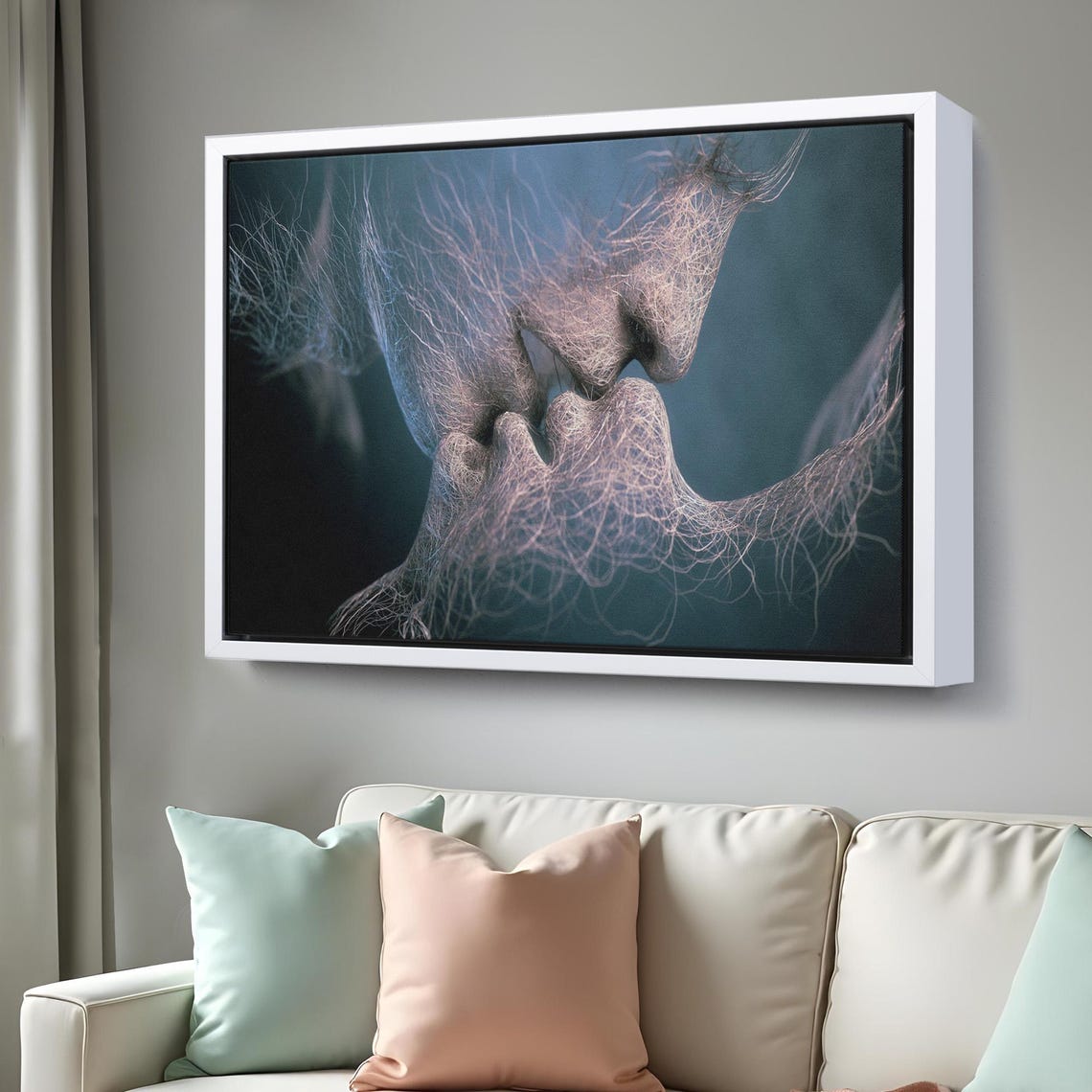Lovers Faces Formed Of Fine Threads Romantic Couple Kiss Print - Image 3