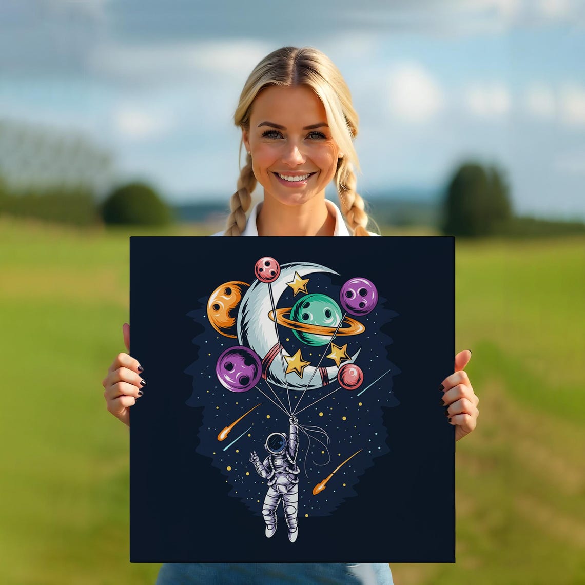 Astronaut Flying With The Moon And Planets Painting Framed Wall Art Illustration Modern Wall Decor Large Wall Art - Image 5