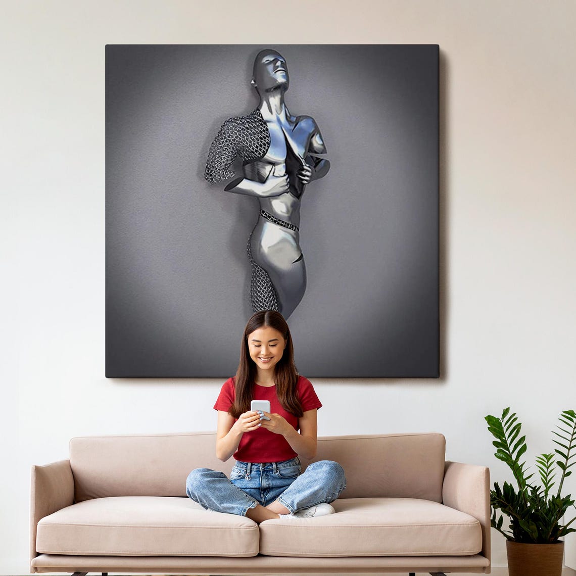 Chrome Silver Human Figure 3D Metallic Modern Sculpture Art Poster - Image 3