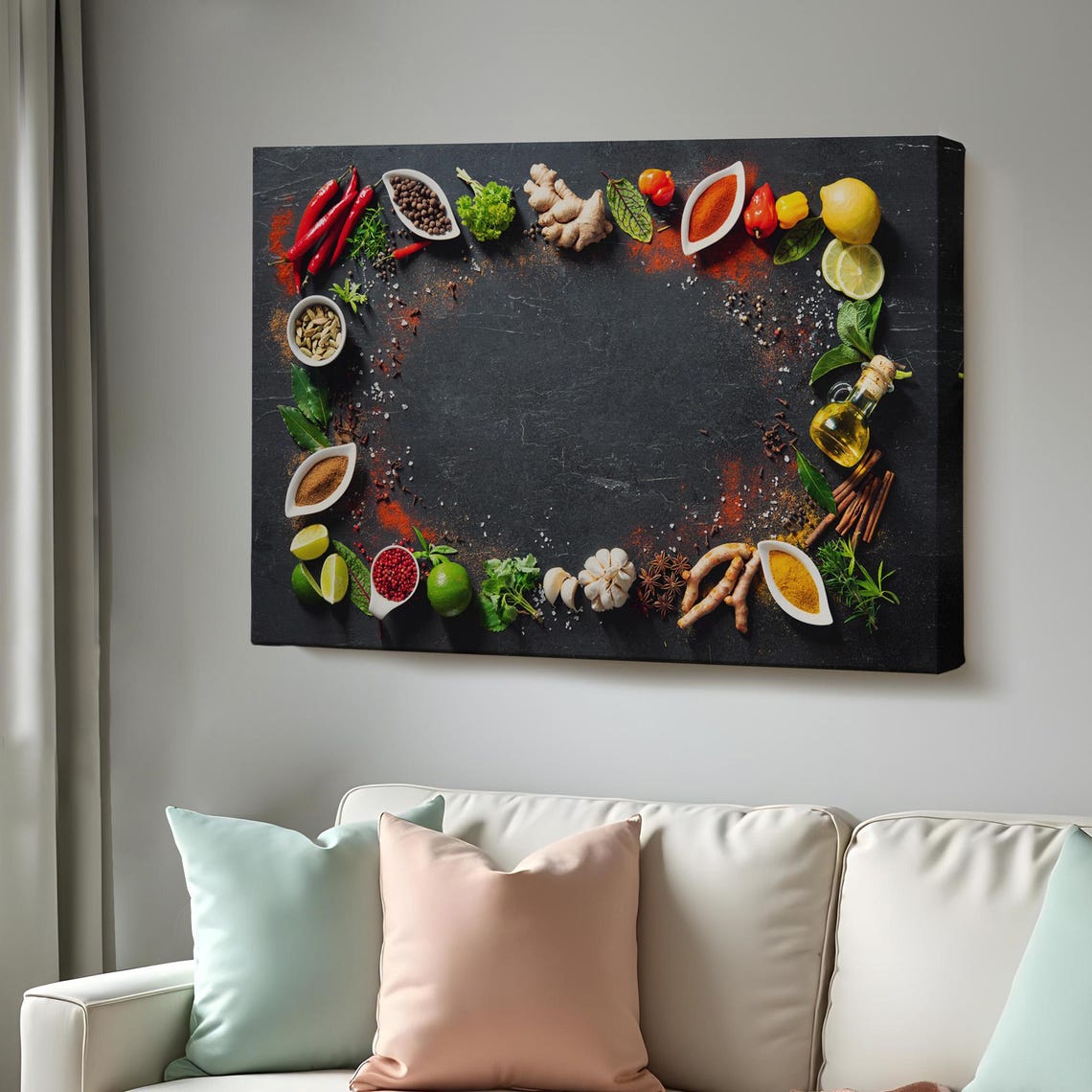 Spices On Dark Slate Flat Lay Photography Kitchen Wall Art Print