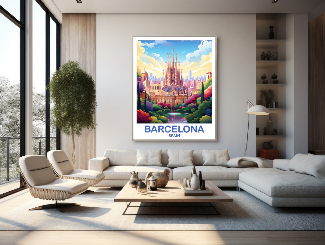 Barcelona Spain Sagrada Familia Garden View Colorful Travel Poster - Image 3