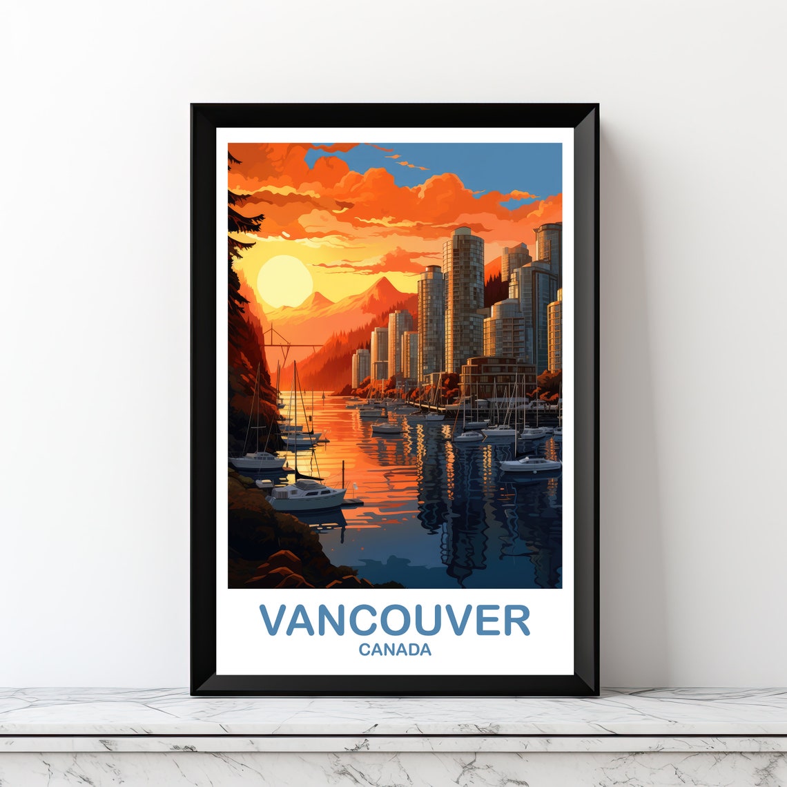 Vancouver Canada Marina Sunset Mountain Harbour Travel Poster