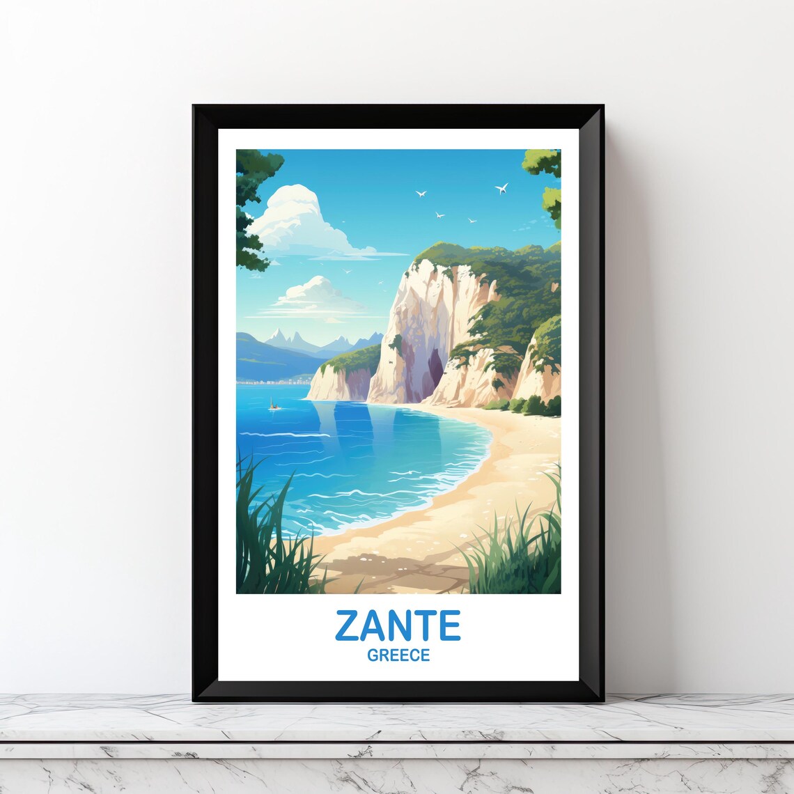 Zante Greece Travel Beach Cliffs Turquoise Coast Island Souvenir Poster
