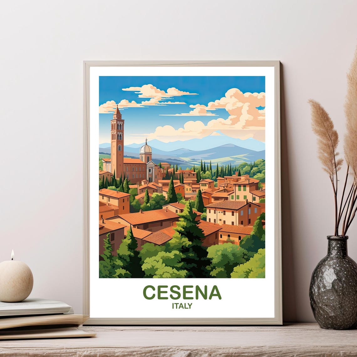 Cesena Italy Old Town Bell Tower Sunny Hills Vintage Travel Poster