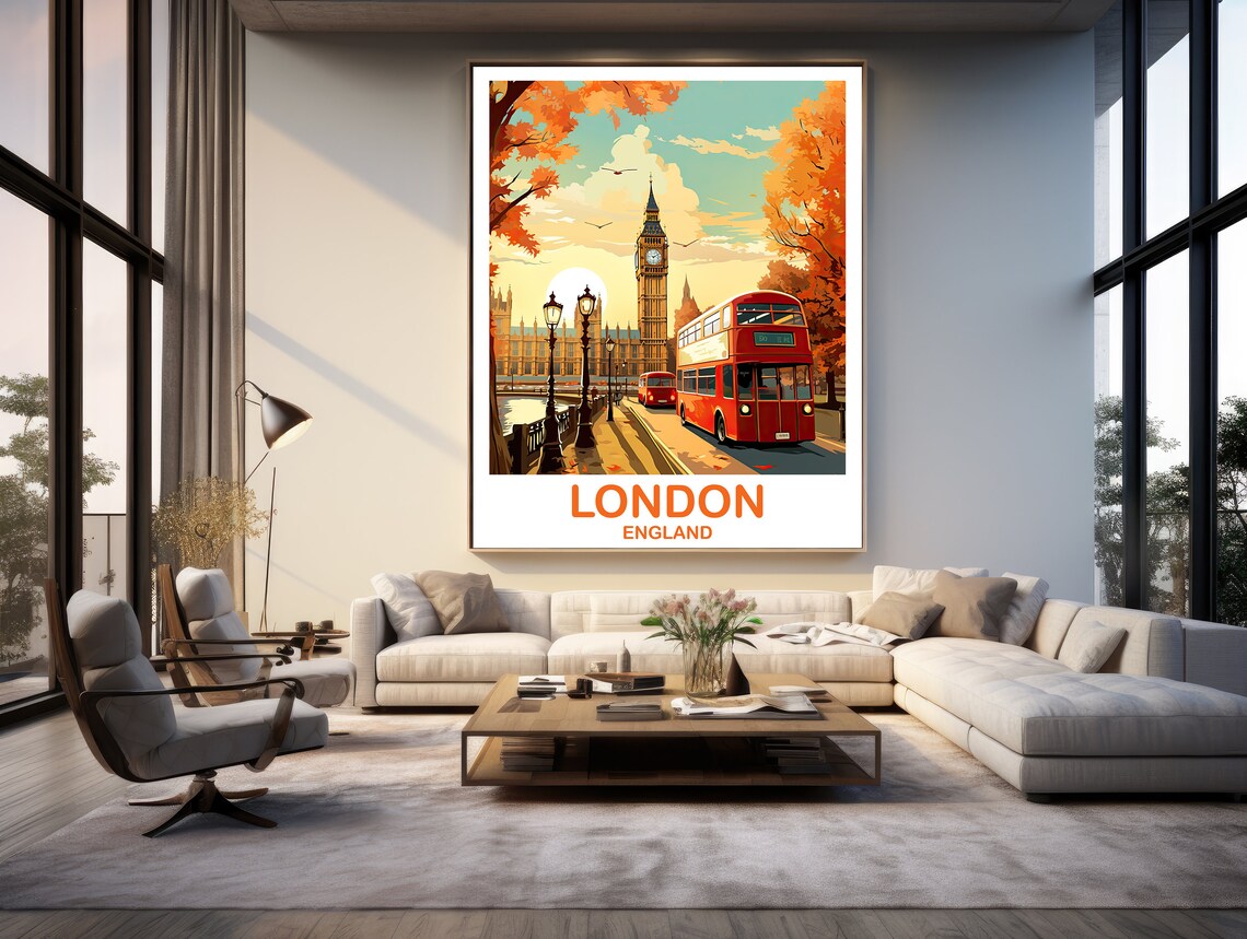 London England Autumn Big Ben Red Bus Colorful Travel Poster - Image 3
