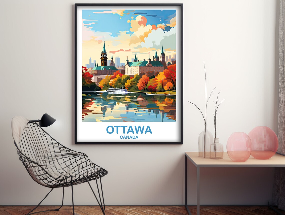 Ottawa Canada Parliament Sunset Fall Reflection Vintage Travel Poster - Image 3
