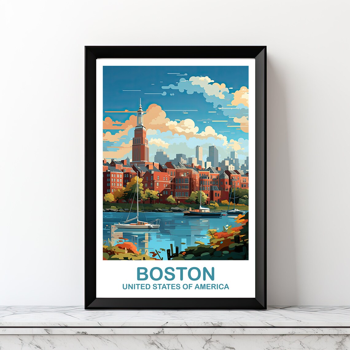 Boston Massachusetts Sailboats Brick Skyline Vintage Travel Poster
