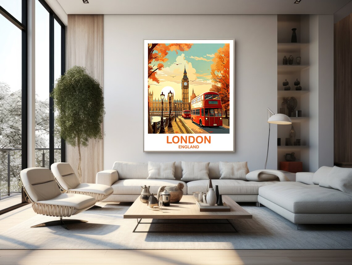 London England Autumn Big Ben Red Bus Colorful Travel Poster - Image 2
