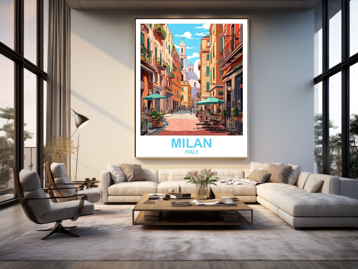 Milan Italy Old Street Cafe Umbrellas Bell Tower Travel Art Poster - Image 3