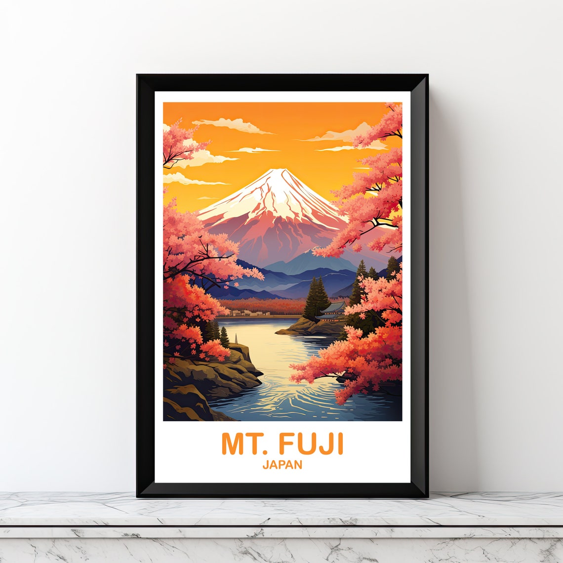 Mount Fuji Golden Sunset Lake Shrine Cherry Blossom Travel Poster
