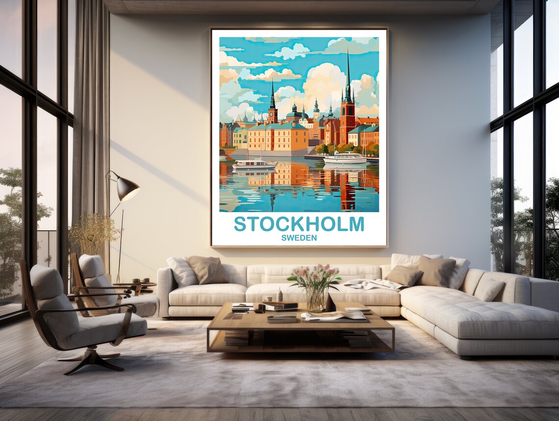 Stockholm Sweden Old Town Harbor Boats Retro Travel Art Poster - Image 3