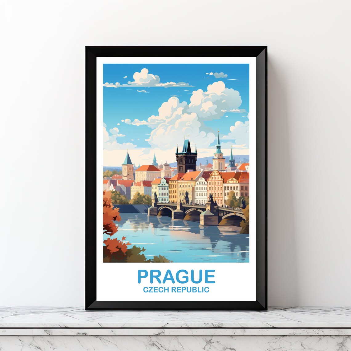 Prague Czech Republic Charles Bridge Vintage Style Travel Art Poster