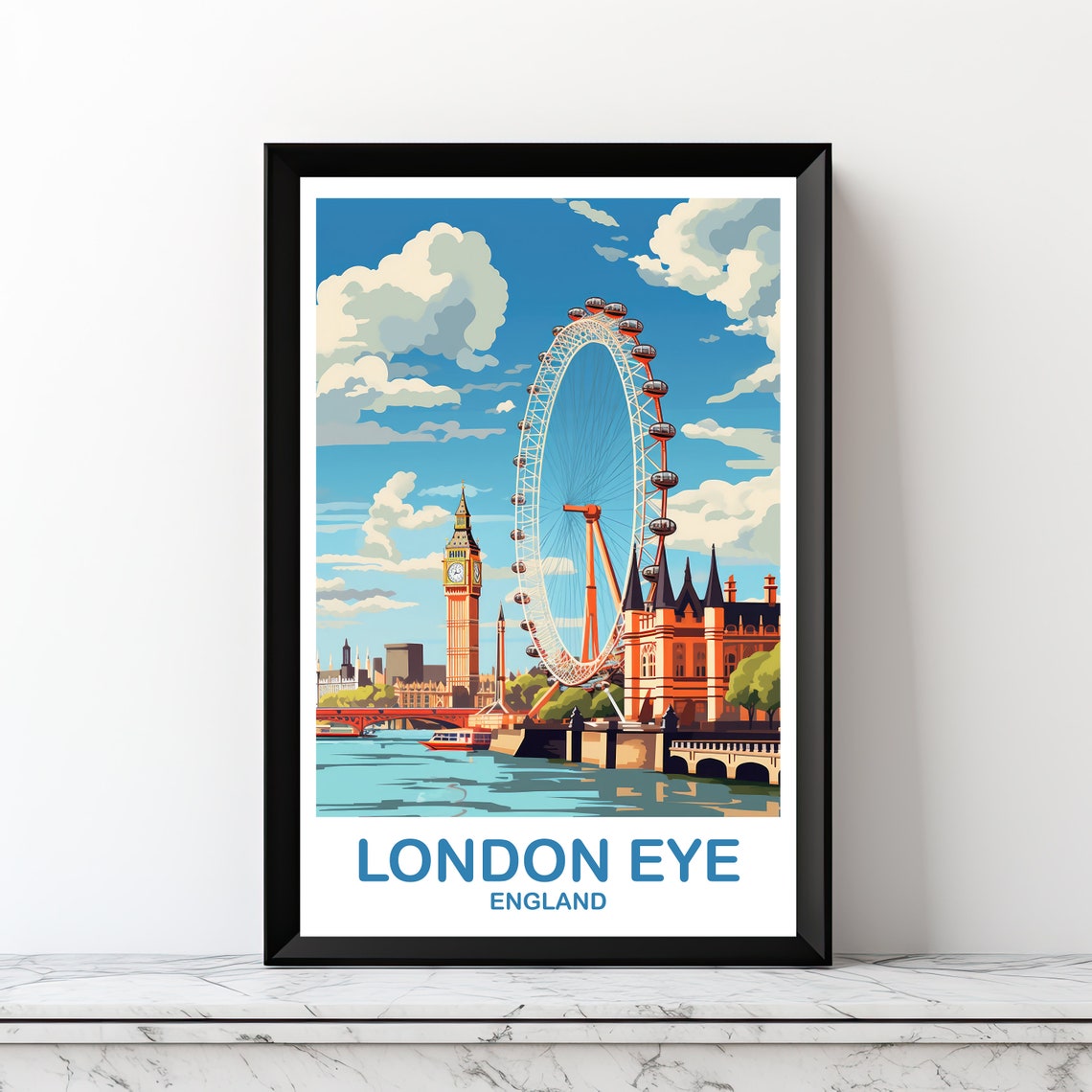 London Eye England Ferris Wheel Big Ben Thames Travel Art Poster