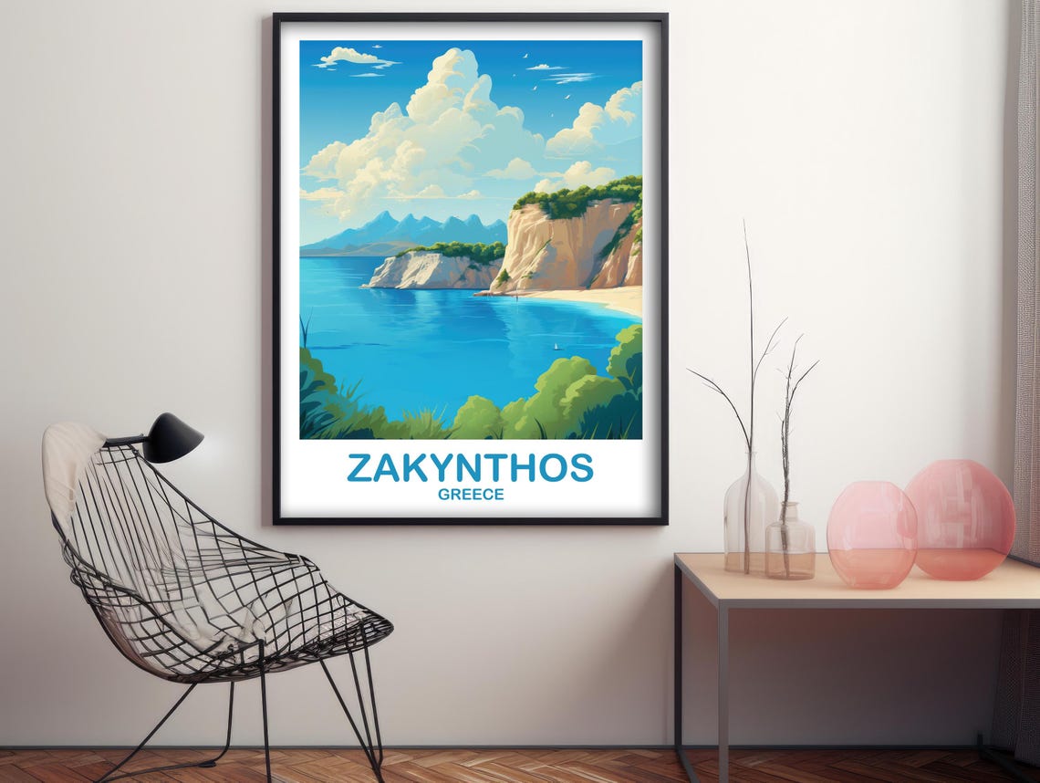 Zakynthos Greece Beach Cliffs Travel Poster With Turquoise Bay Scene