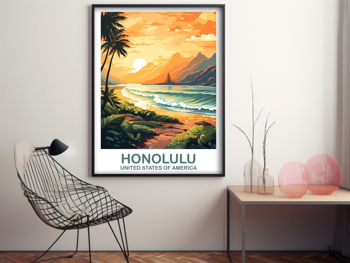 Honolulu Travel Poster, Hawaii City Skyline - Image 2