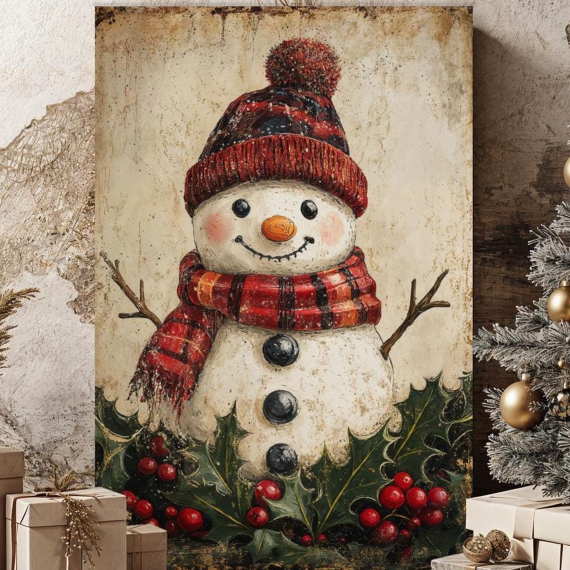 Vintage Snowman Red Plaid Scarf and Hat Rustic Christmas Decor Poster