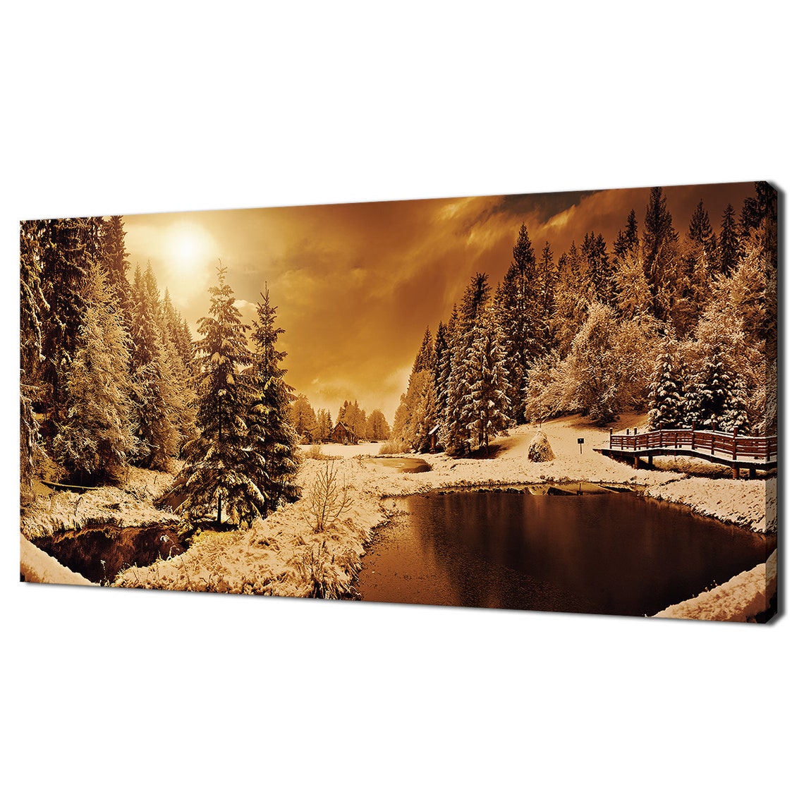 Golden Winter Morning Forest Lake Snowy Pines Bridge Panorama Poster