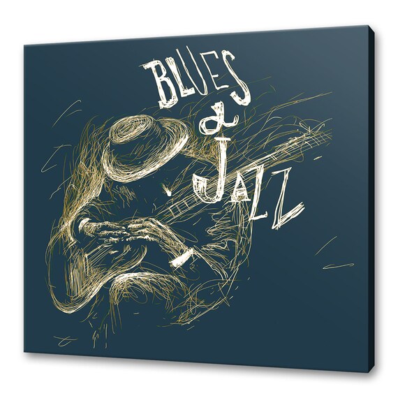 Blues And Jazz Guitar Player Sketch Hat Dark Blue Vintage Music Art Poster
