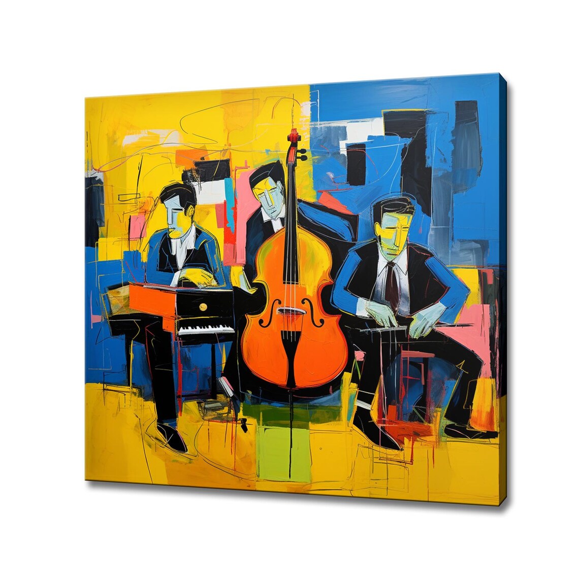 Jazz Trio Yellow Blue Abstract Painting Cello Piano Nightclub Poster