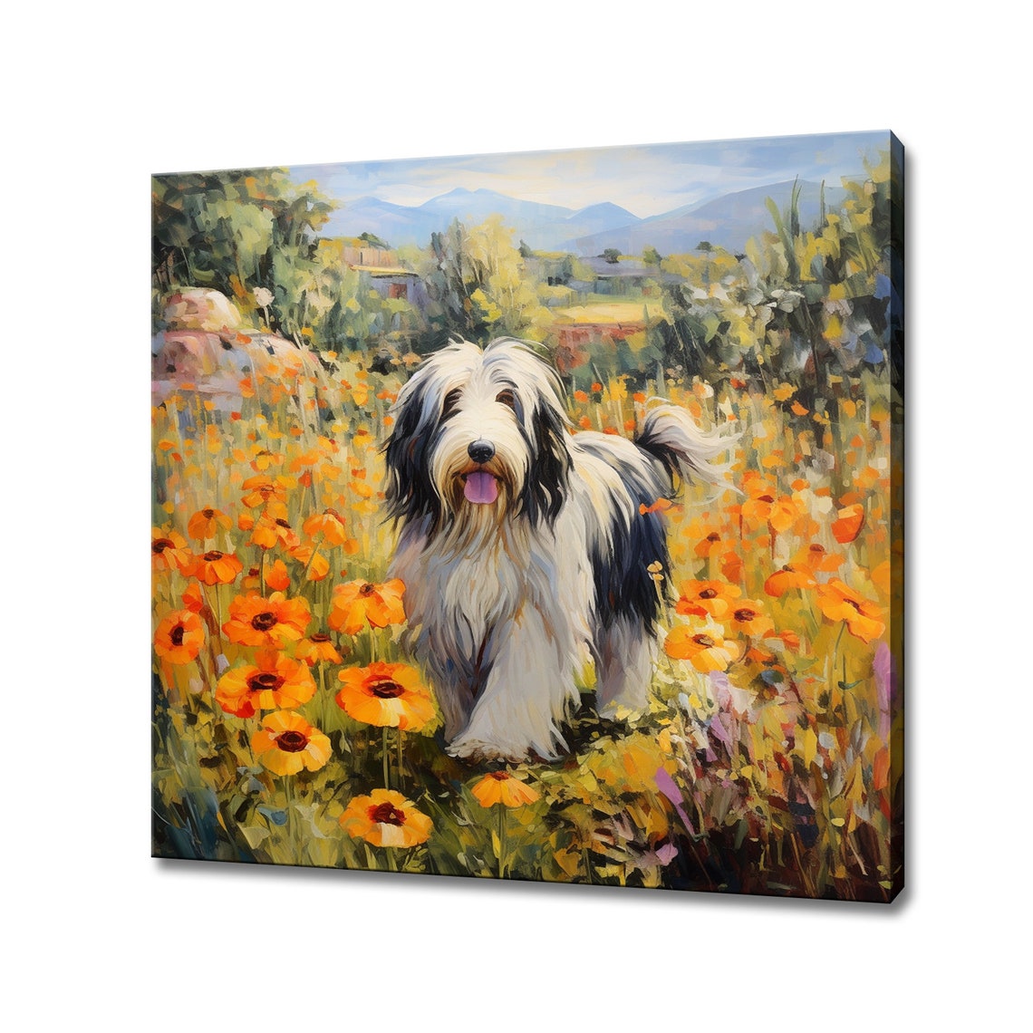 Beautiful Bearded Collie Dog In Flowers Field Animal Print Gift For Bearded Collie Dog Lover Colourful Dog Portrait Painting Print