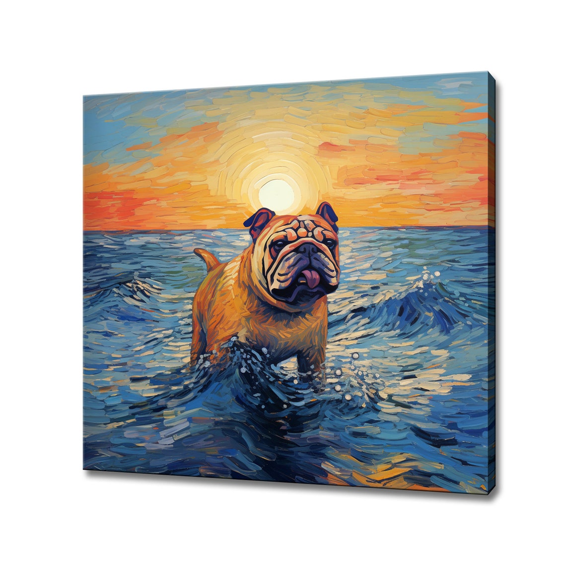 Bulldog Running In Ocean At Sunset Waves Painterly Dog Art Poster