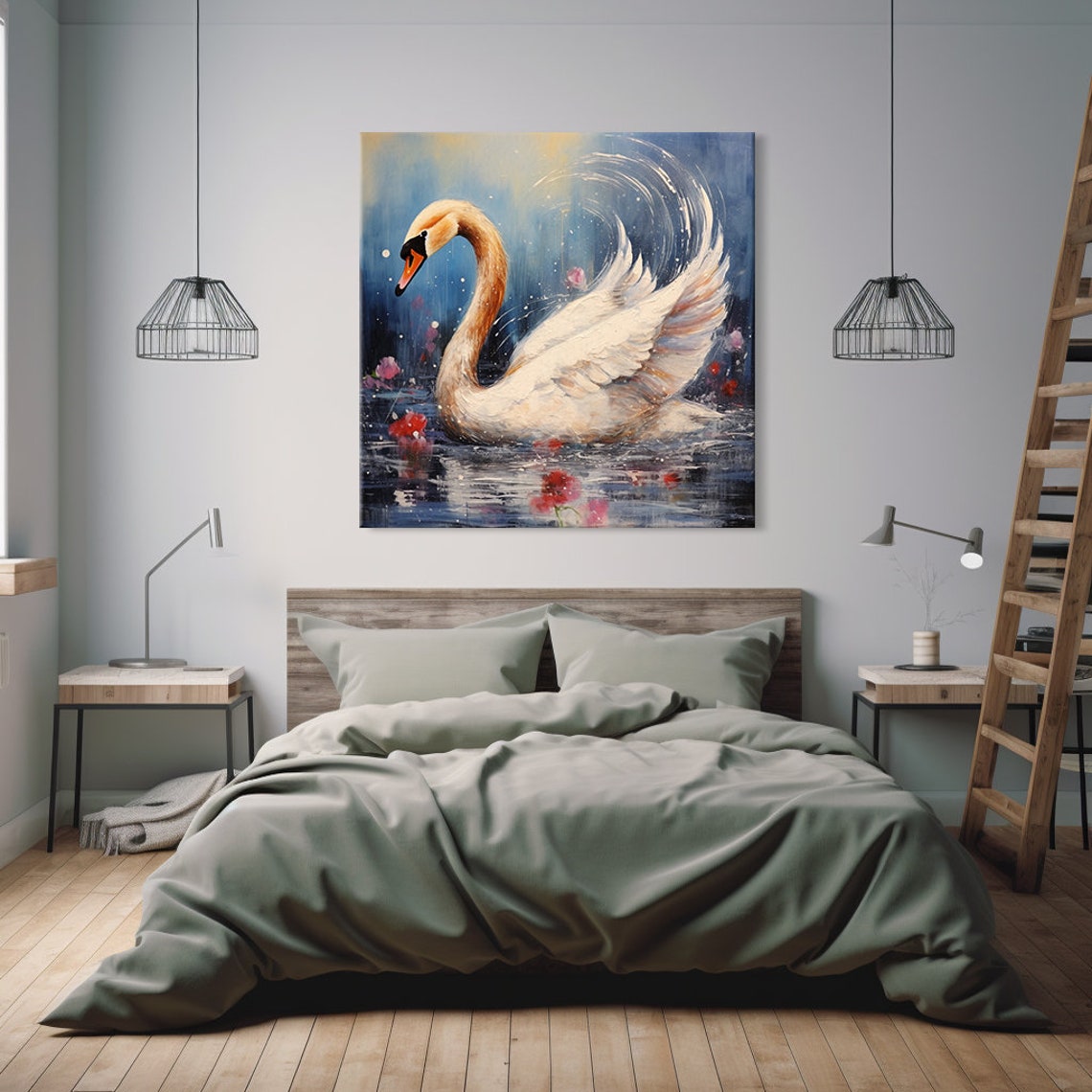 Elegant Swan On Midnight Lake With Blossoms Dramatic Blue Wall Art - Image 3